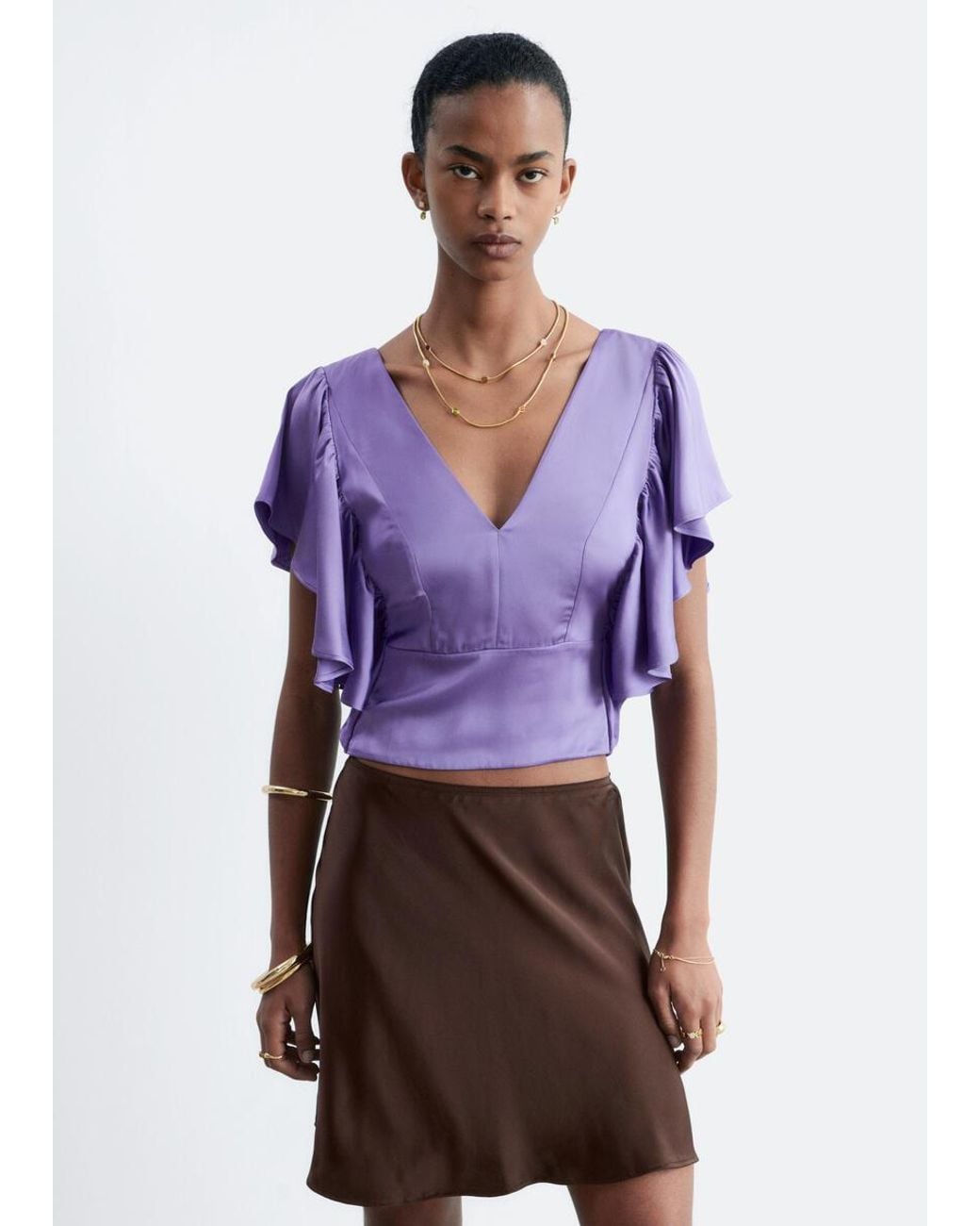 & Other Stories Purple Ruffle V-Neck Blouse
