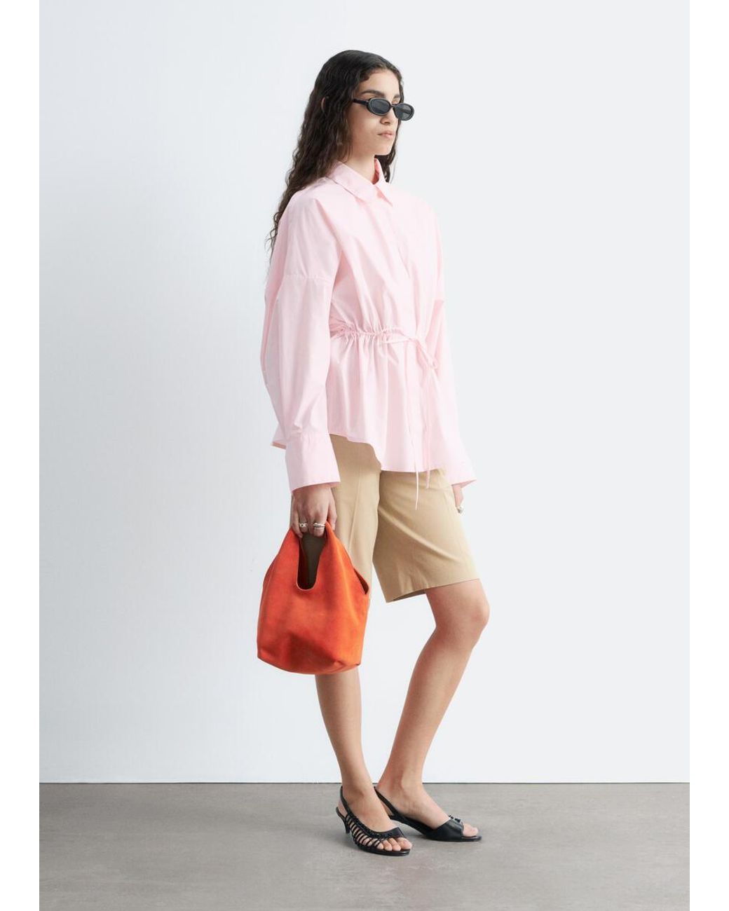 & Other Stories Pink Cotton Poplin Drawstring Shirt