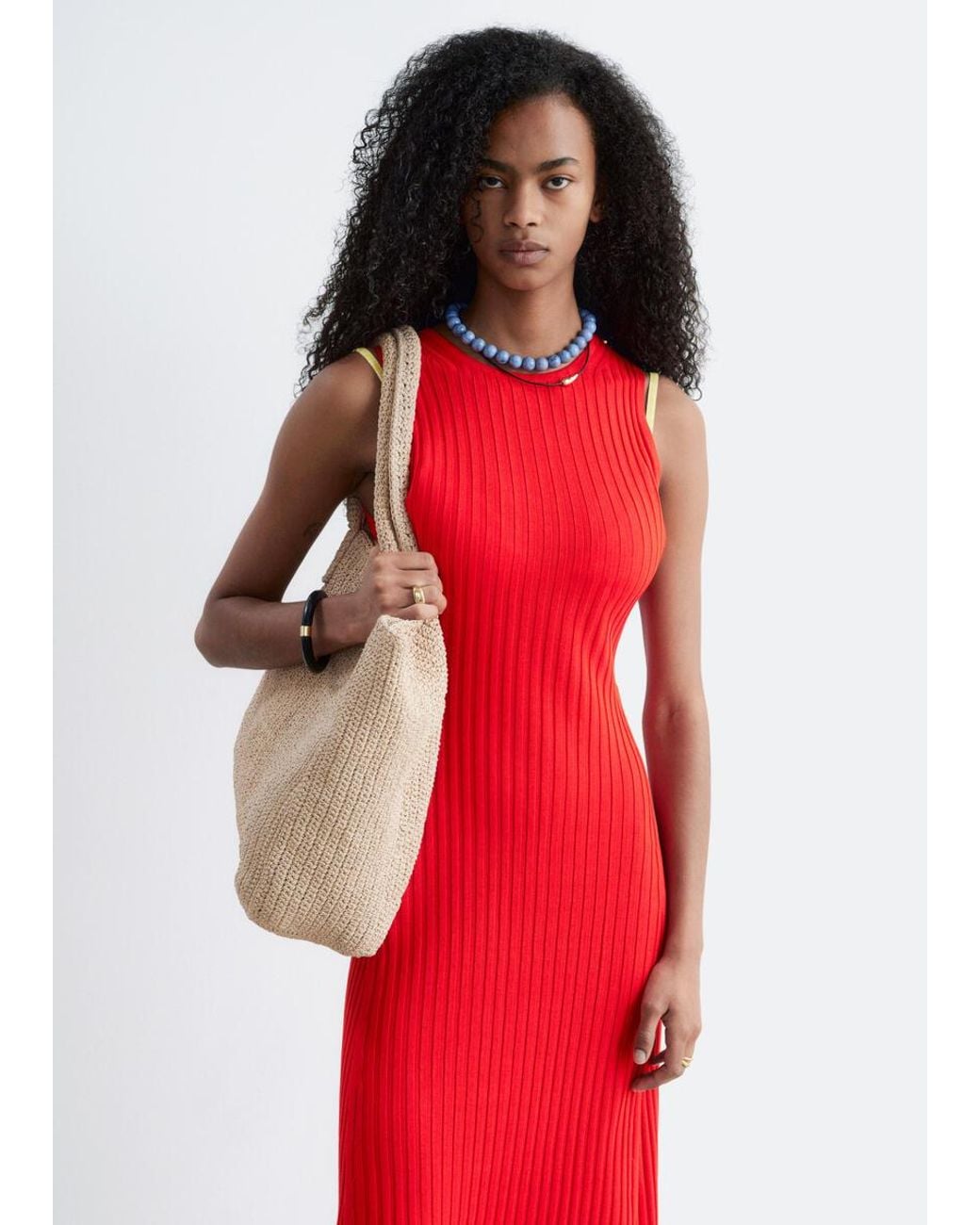 & Other Stories Red Ribbed Midi Dress