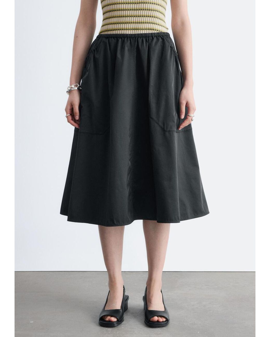 & Other Stories Black Gathered Twill Midi Skirt