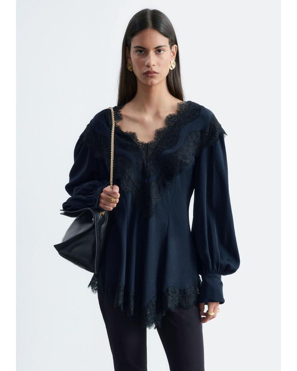 & Other Stories Blue Lace-Detail Crepe Blouse