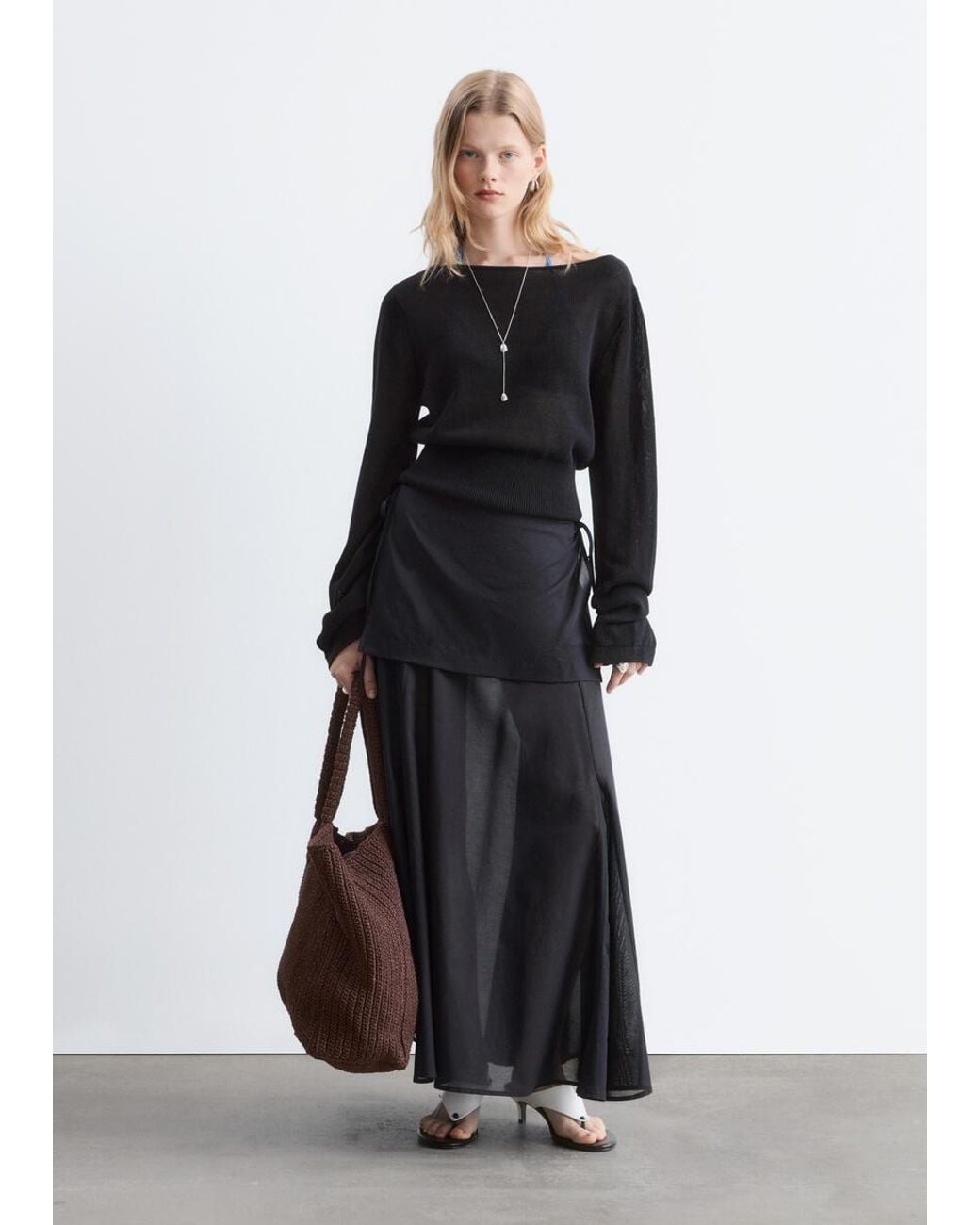 & Other Stories Black Sheer Apron Midi Skirt