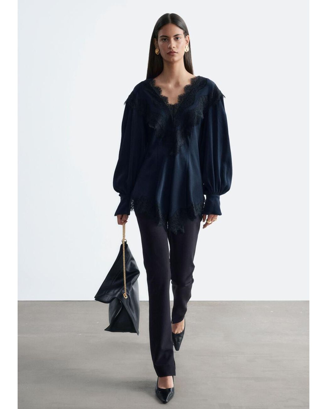& Other Stories Blue Lace-Detail Crepe Blouse