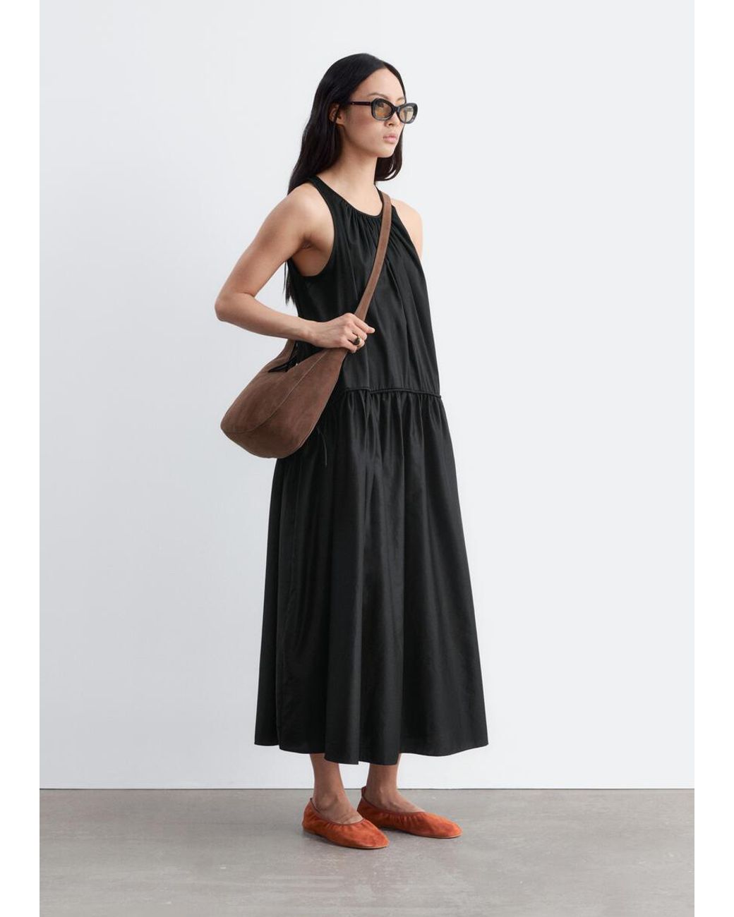 & Other Stories Black Gathered Cotton Dress