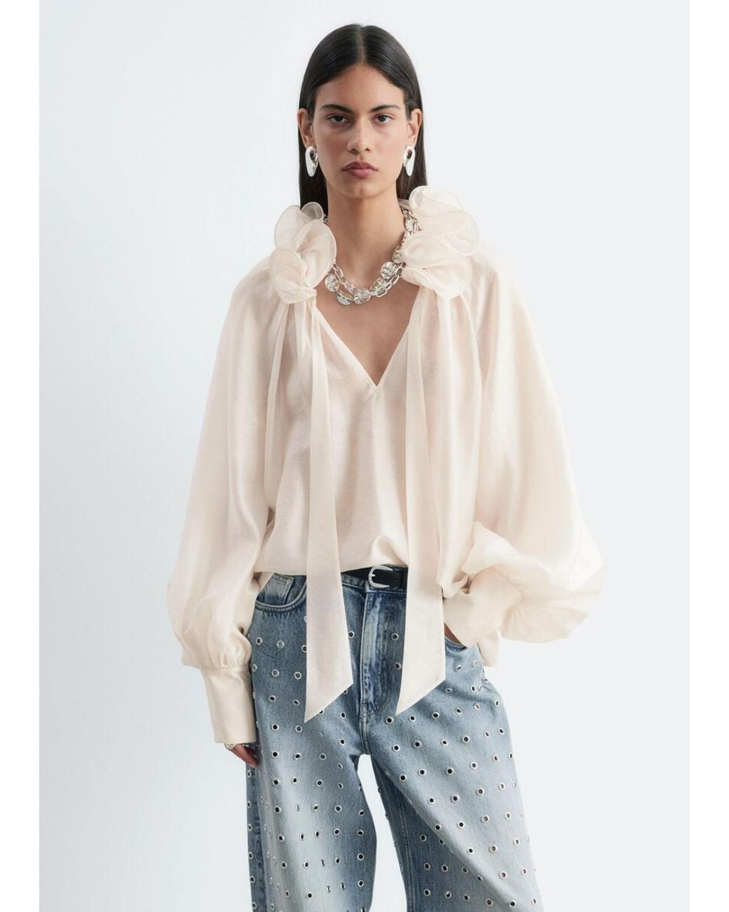 & Other Stories Natural Ruffle Neck Voluminous Blouse