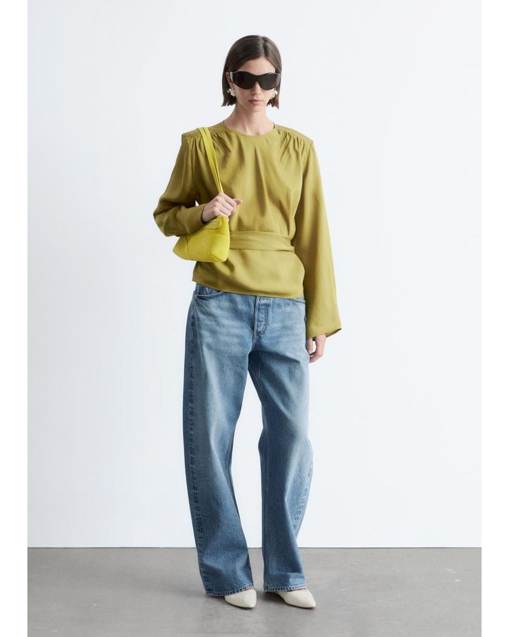 & Other Stories Green Gathered Tie-Belt Blouse