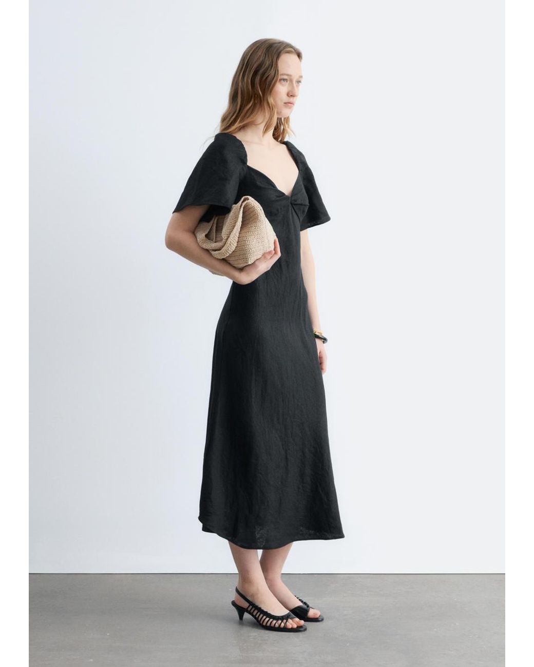 and other stories black linen dress & OTHER STORIES Linen Puff Sleeve Midi Dress