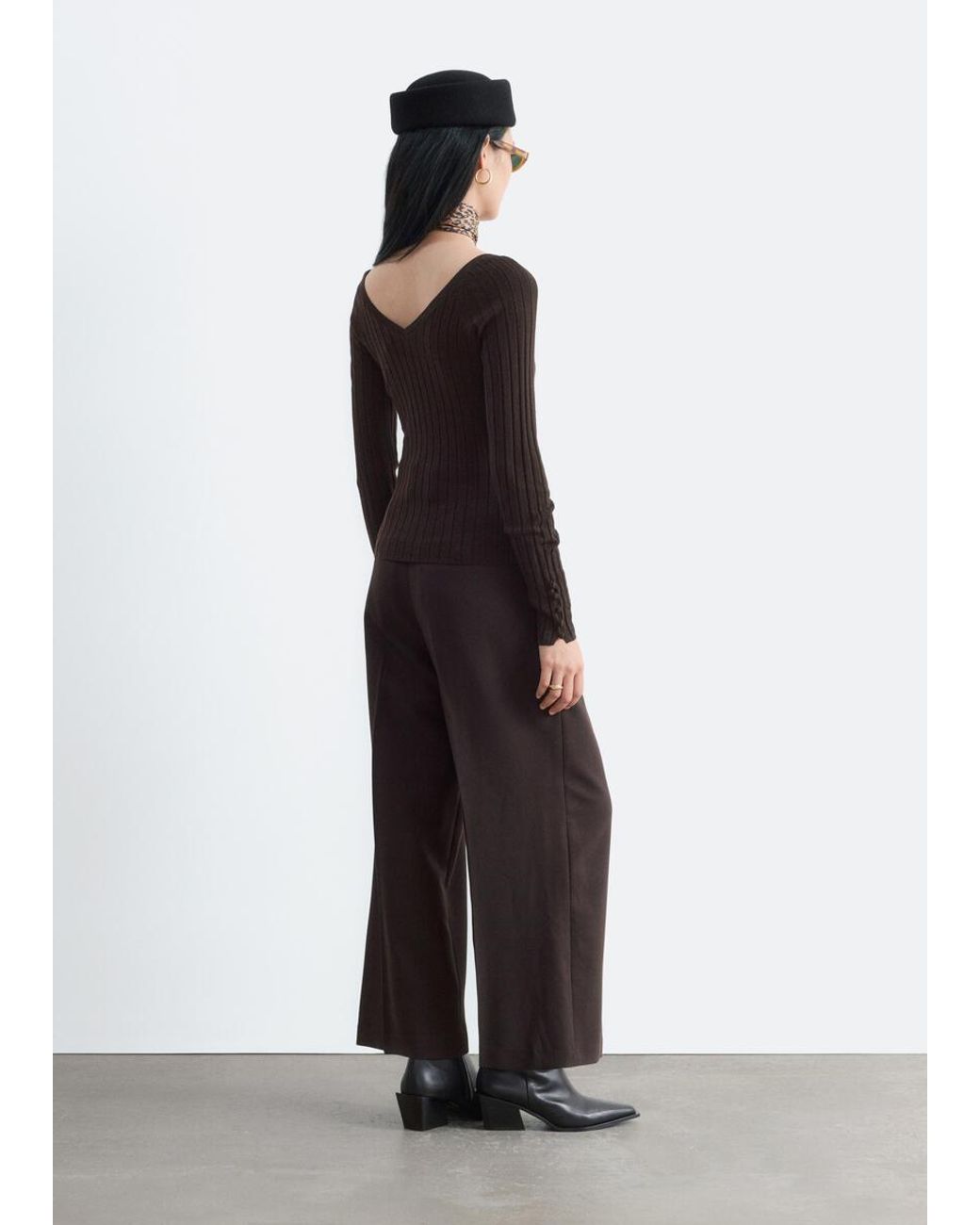 & Other Stories Brown Ribbed Wool V-Neck Top