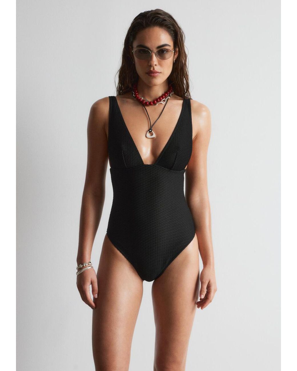 & Other Stories Black Textured Swimsuit