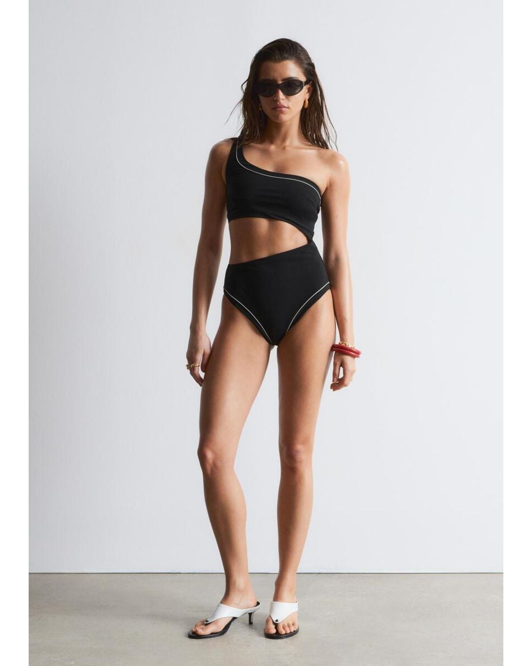 & Other Stories Black One-Shoulder Cut-Out Swimsuit