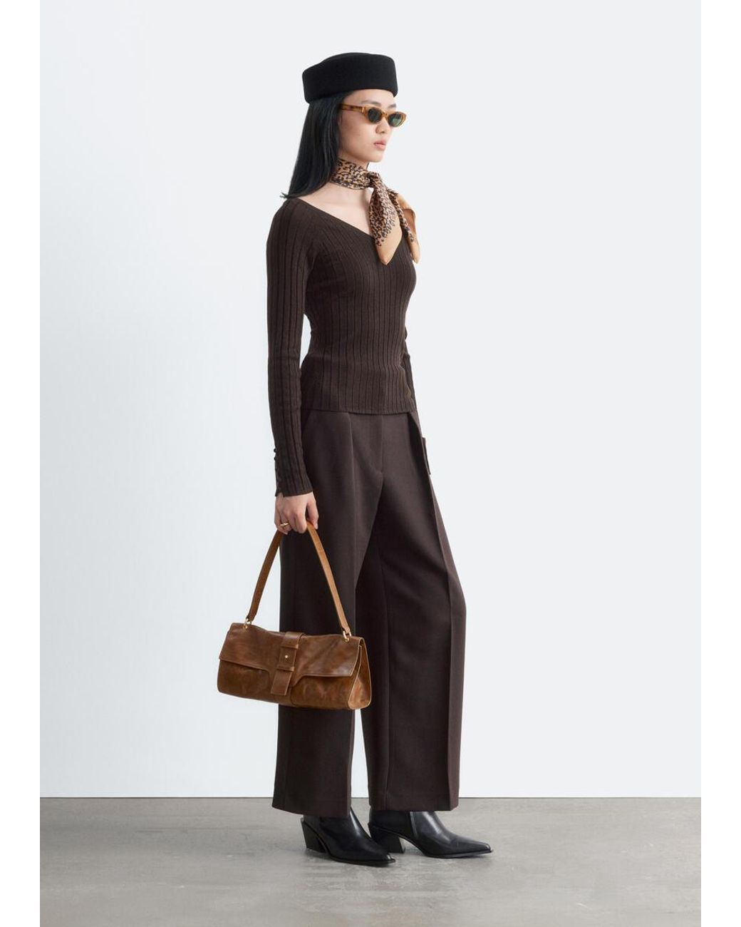 & Other Stories Brown Ribbed Wool V-Neck Top