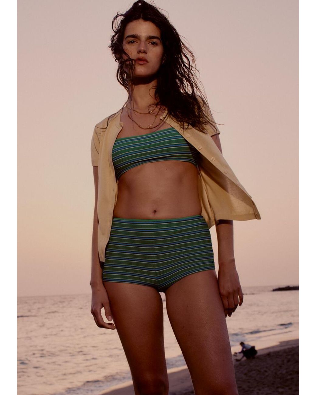 & Other Stories Green Striped Bikini Top