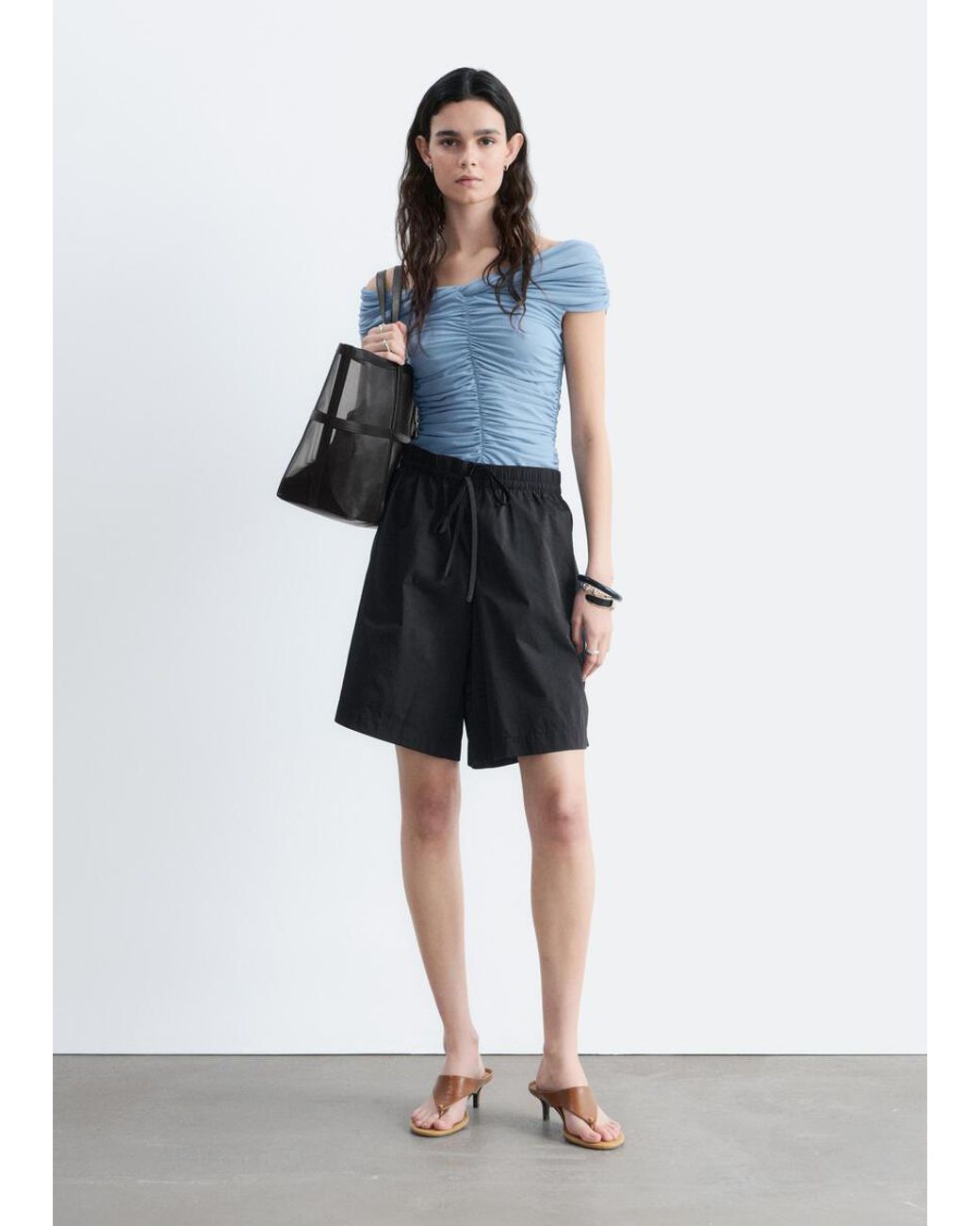 & Other Stories Blue Ruched V-Neck Mesh Top