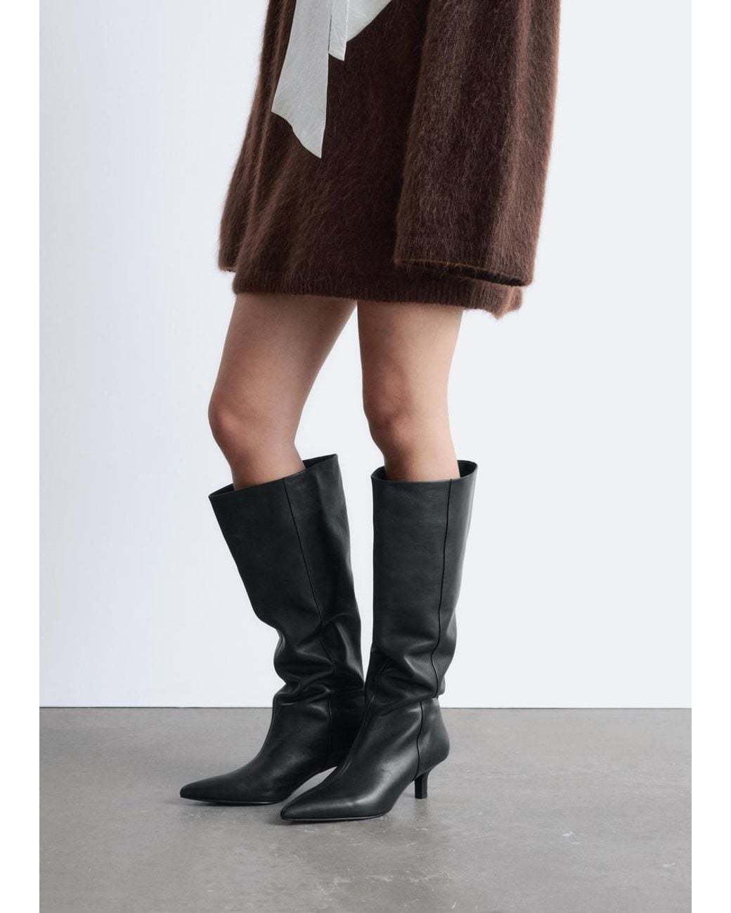 & Other Stories White Kitten Heel Leather Knee Boots