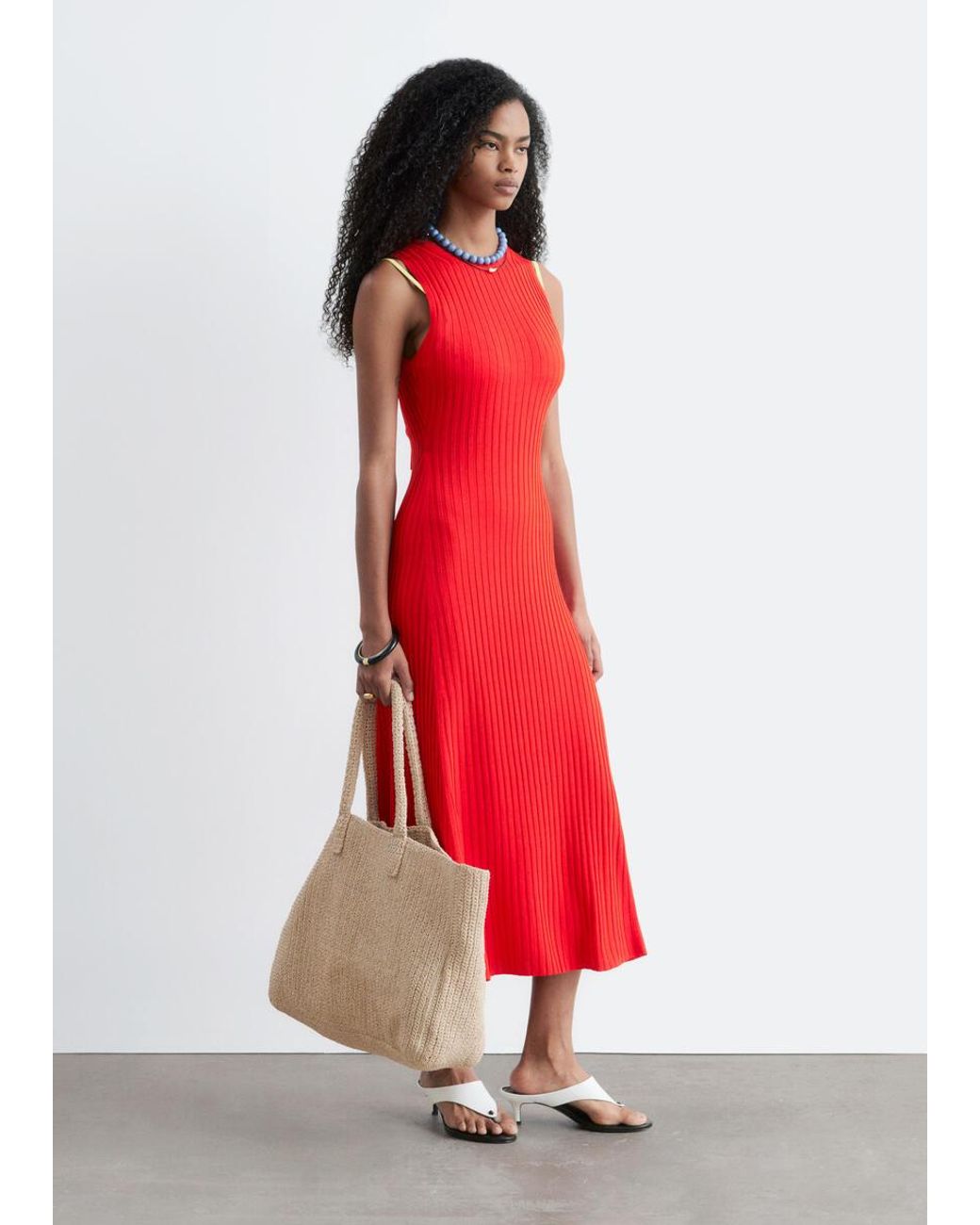 & Other Stories Red Ribbed Midi Dress