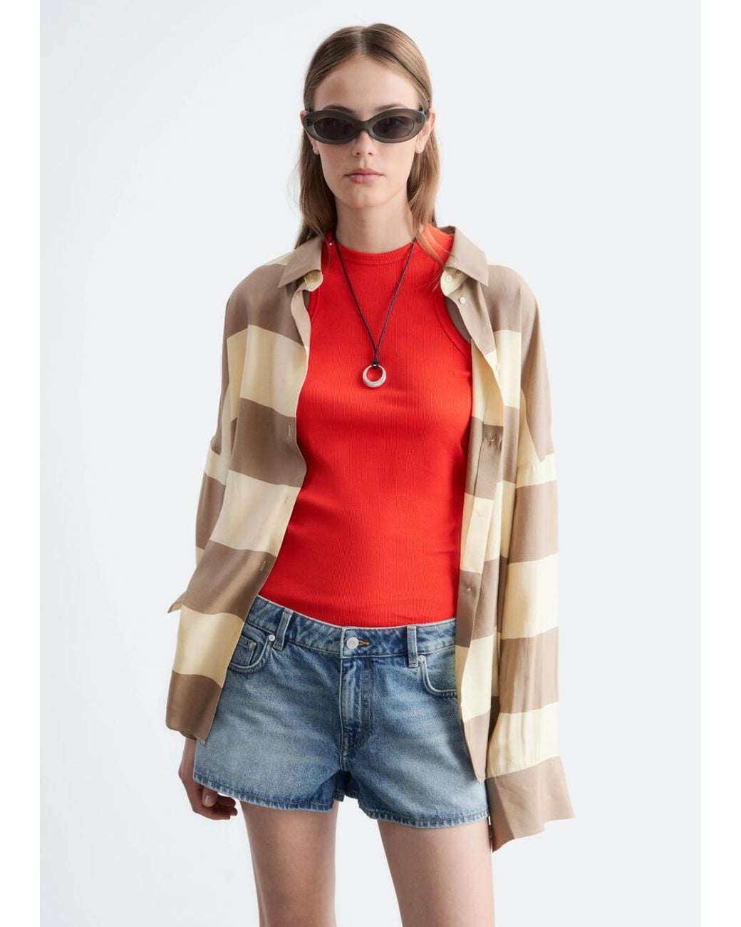 & Other Stories Red Low-Waist Denim Mini Shorts