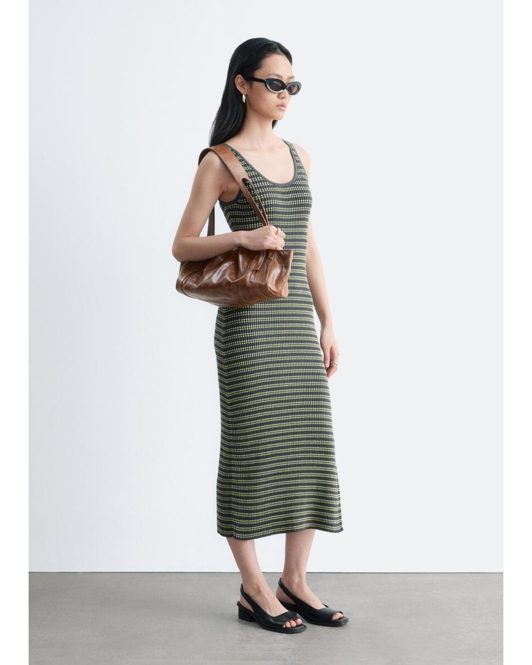 & Other Stories White Striped Rib-Knit Midi Dress