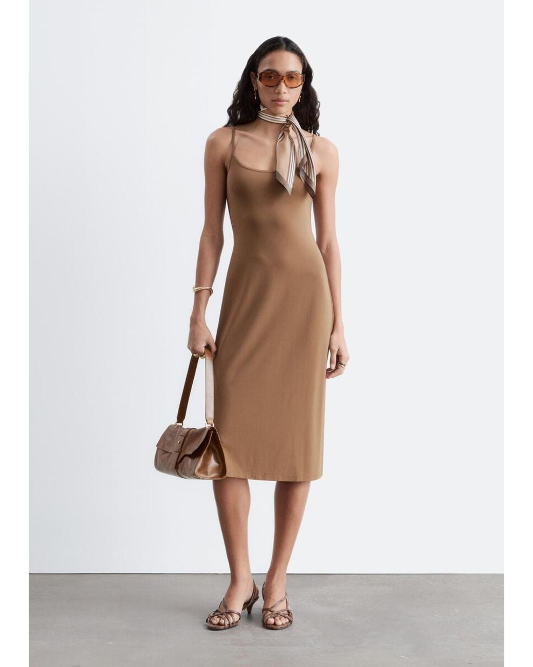 & Other Stories Brown Stretch Midi Slip Dress