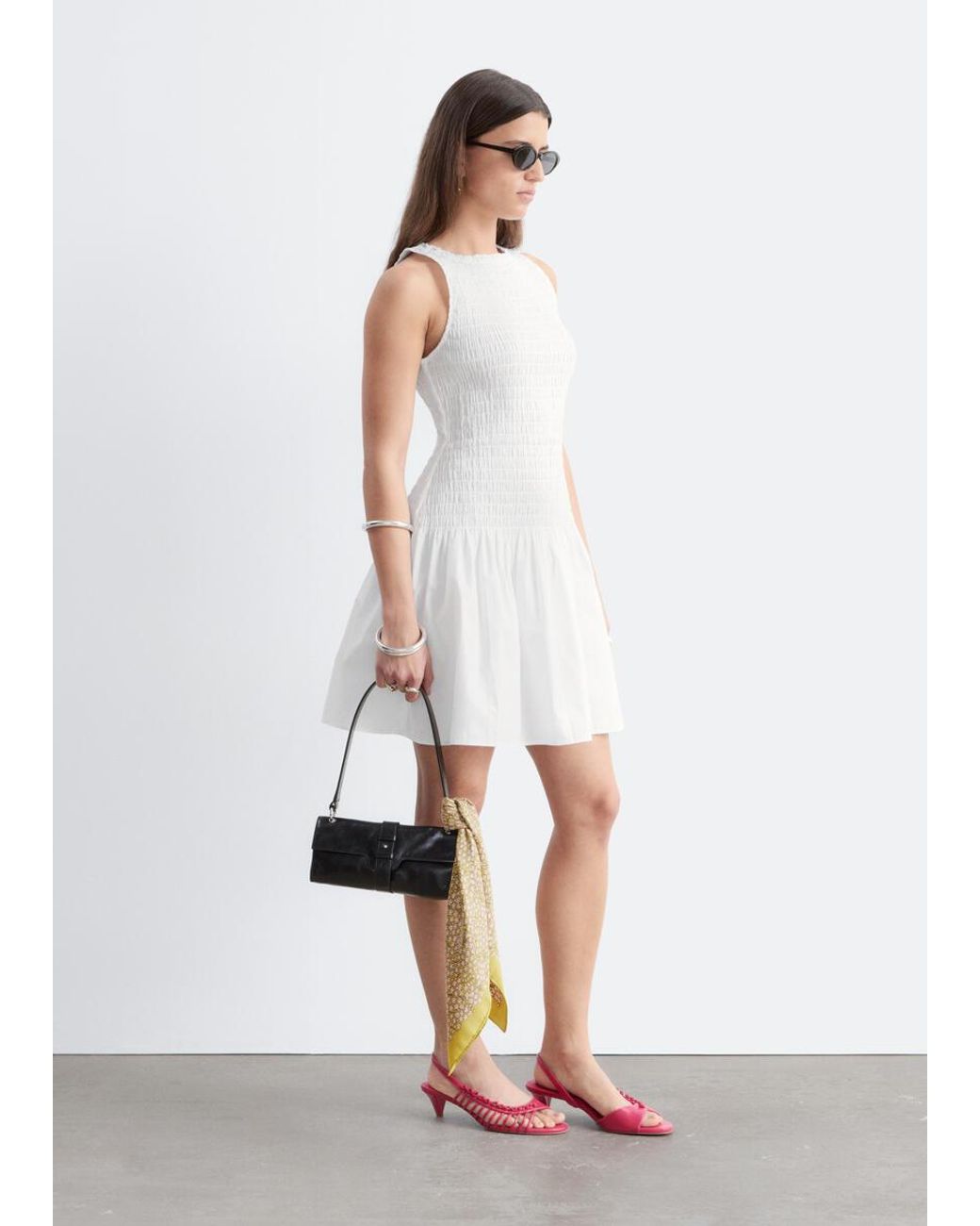 & Other Stories White Smocked Cotton Poplin Mini Dress