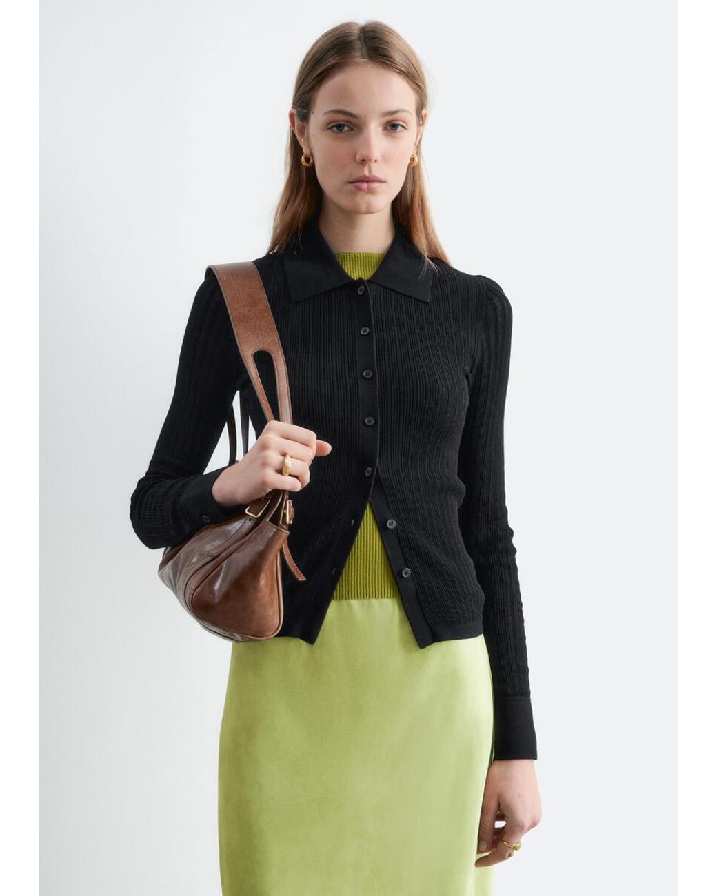 & Other Stories Black Pointelle Rib Polo Shirt