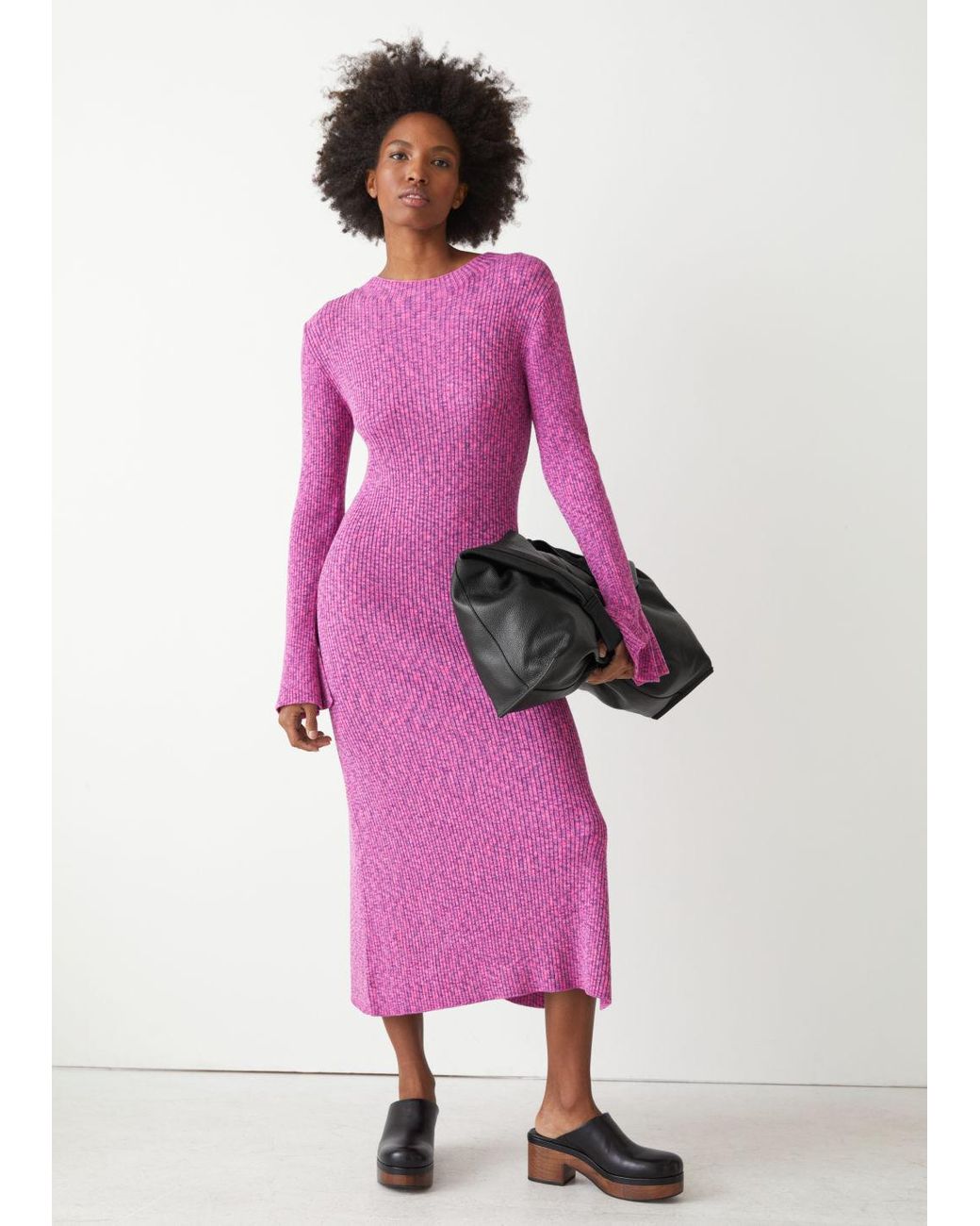 Flared Cuff Knit Midi Dress in Pink | Lyst