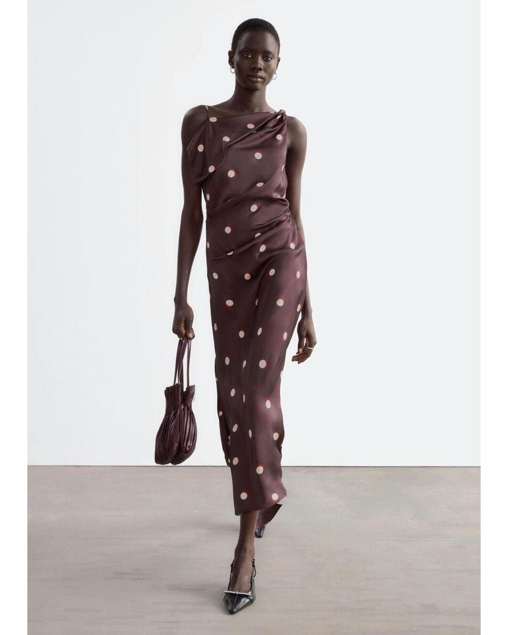 & Other Stories Brown Asymmetric Satin Dress