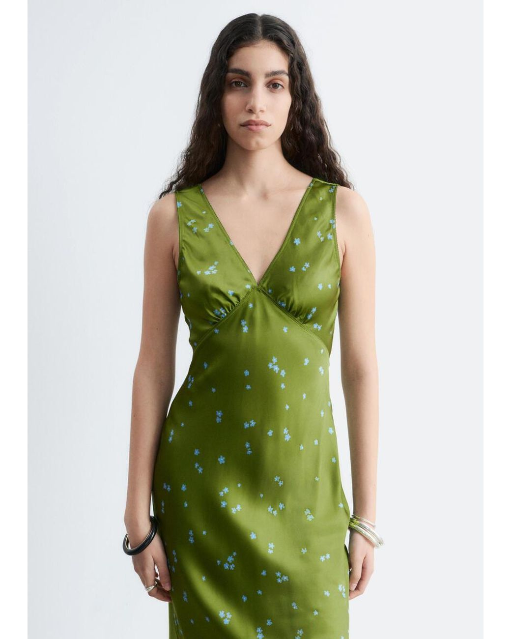 & Other Stories Green V-Neck Slip Midi Dress