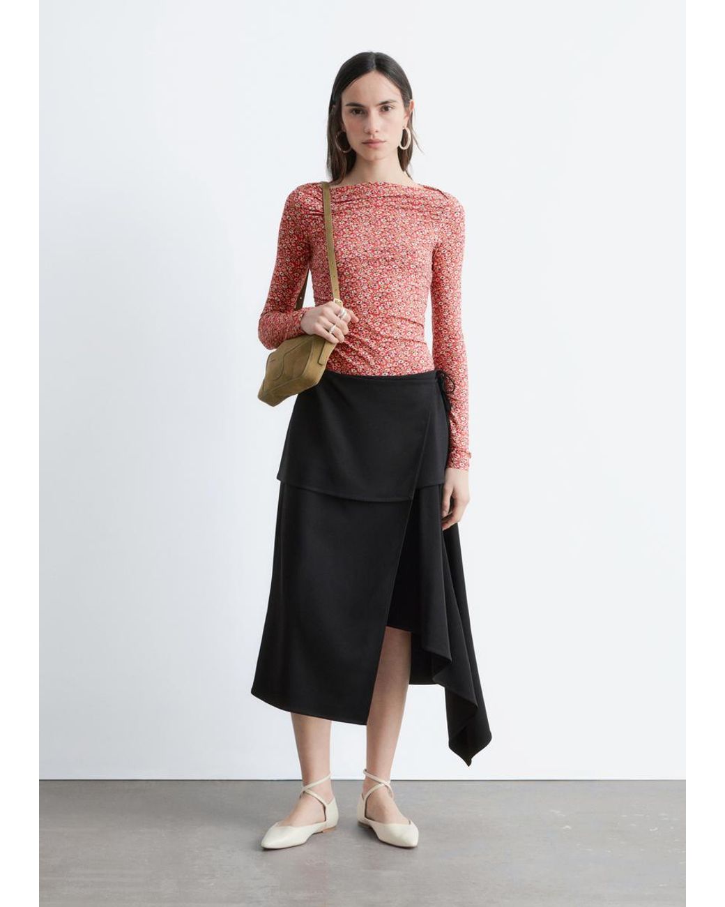 & Other Stories Red Ruched Floral Top