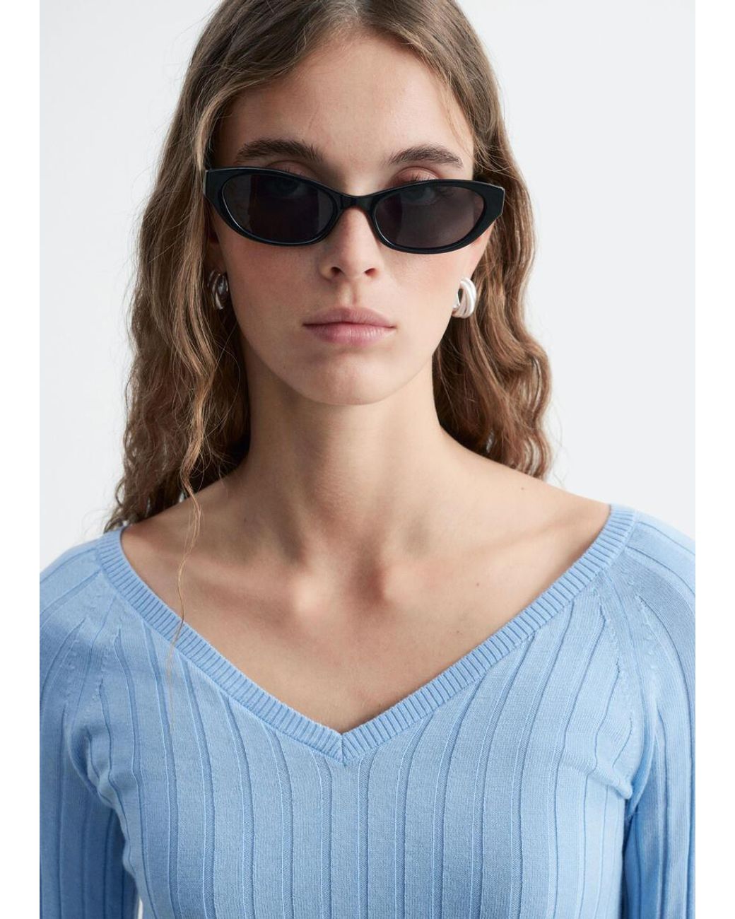 & Other Stories Blue Ribbed Wool V-Neck Top