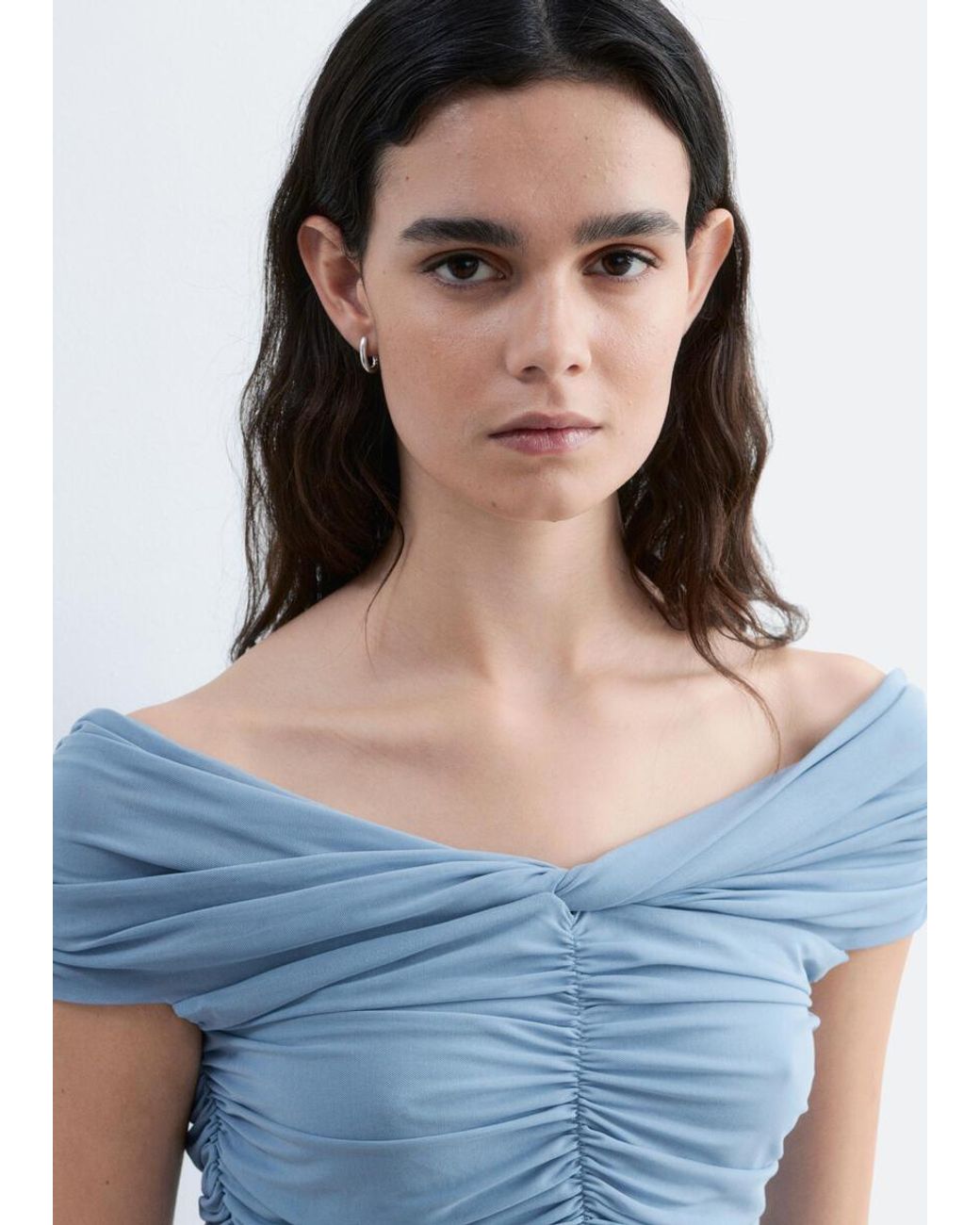 & Other Stories Blue Ruched V-Neck Mesh Top