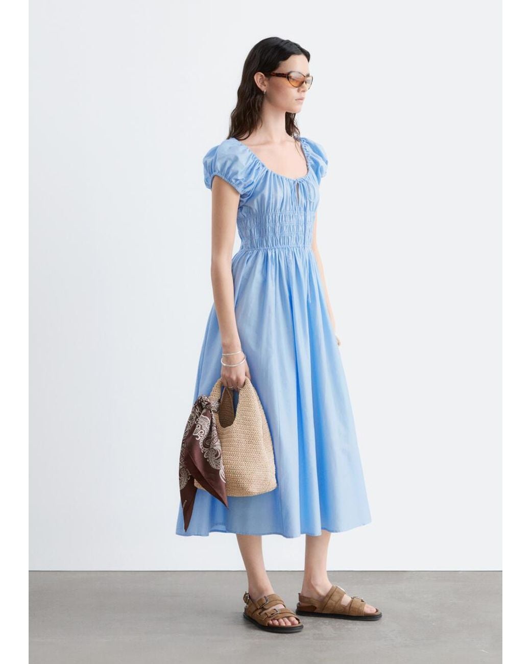 & Other Stories Blue Cotton Smocked Midi Dress