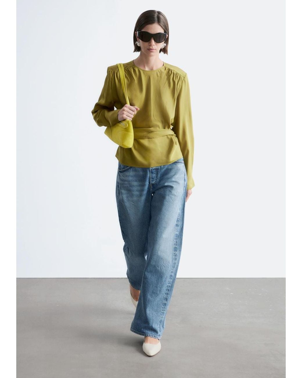 & Other Stories Green Gathered Tie-Belt Blouse
