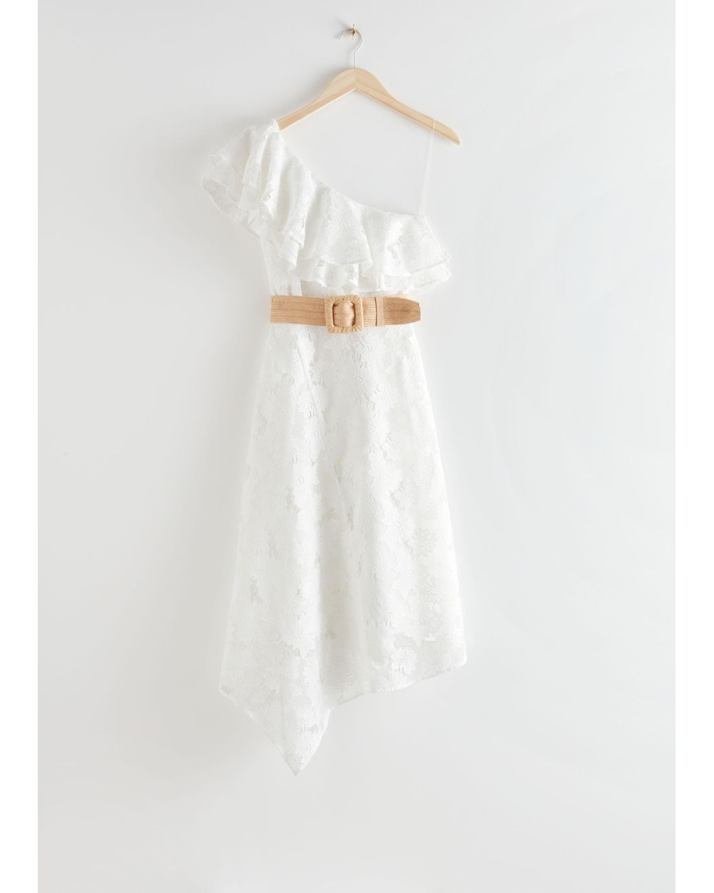 & Other Stories Lace Belted One Shoulder Midi Dress in White - Lyst