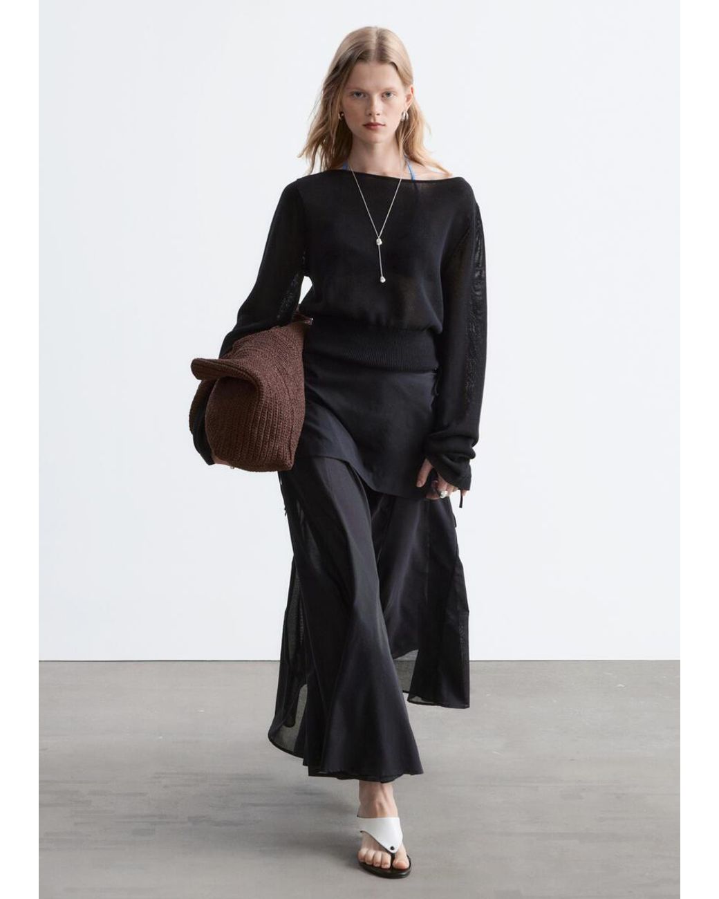 & Other Stories Black Sheer Apron Midi Skirt