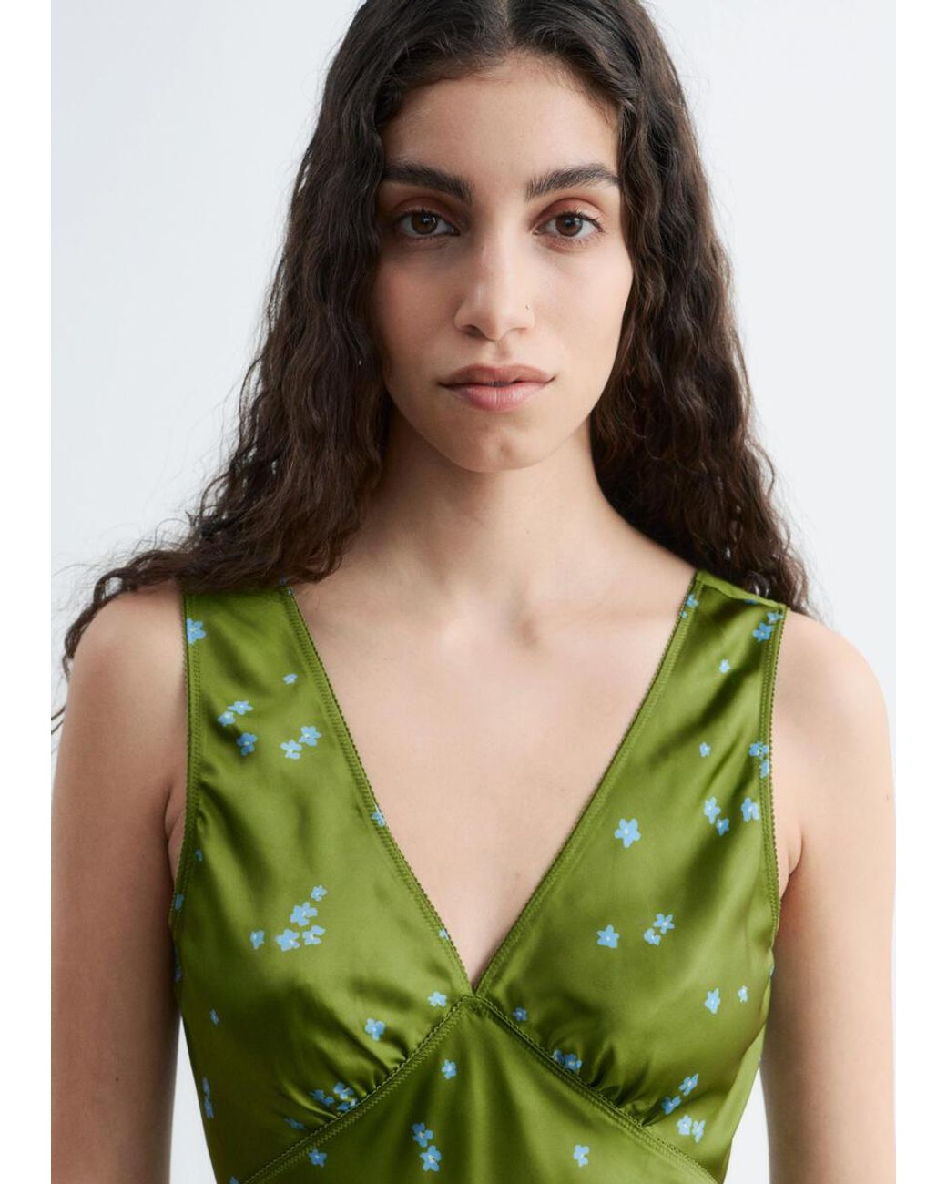 & Other Stories Green V-Neck Slip Midi Dress