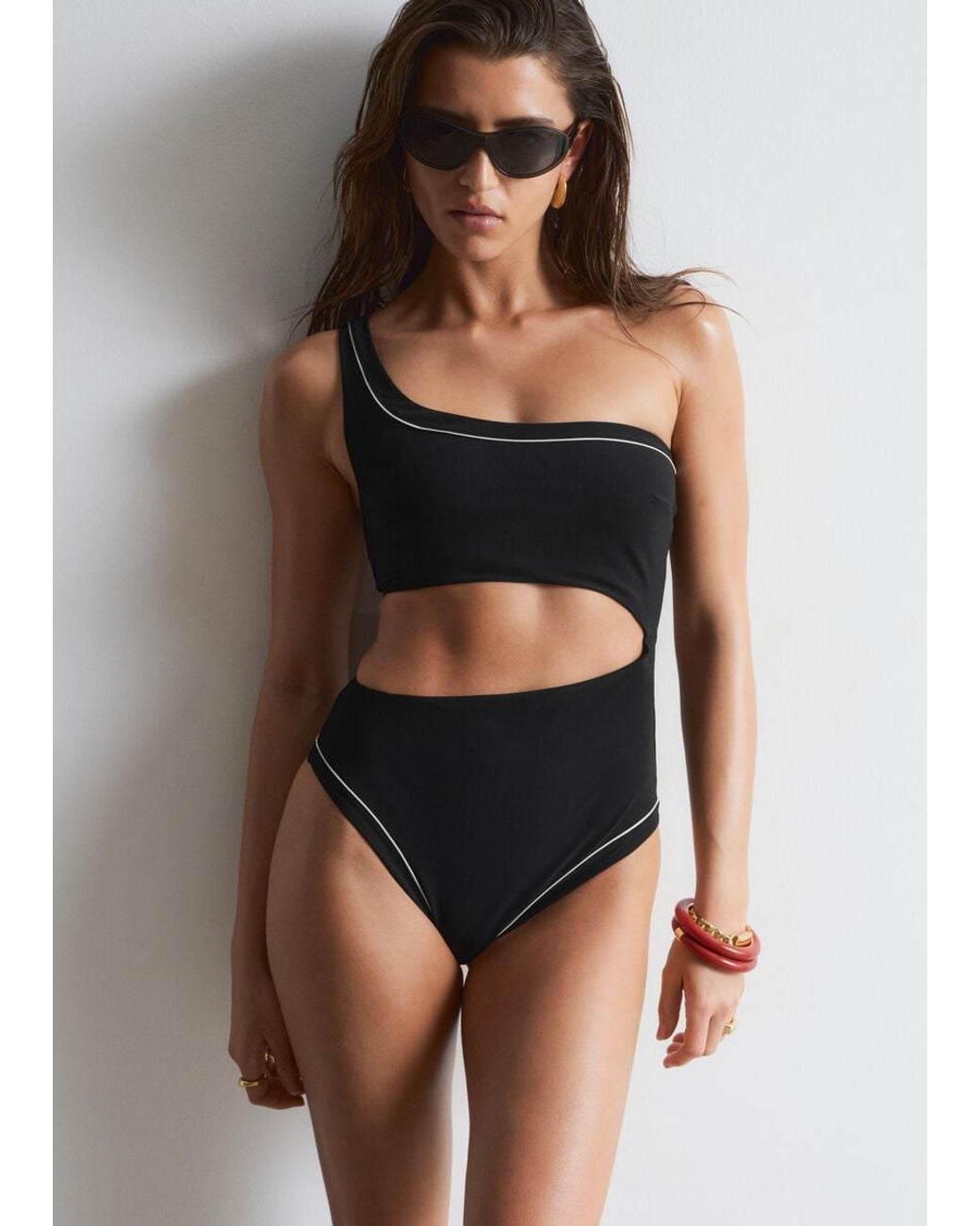 & Other Stories Black One-Shoulder Cut-Out Swimsuit