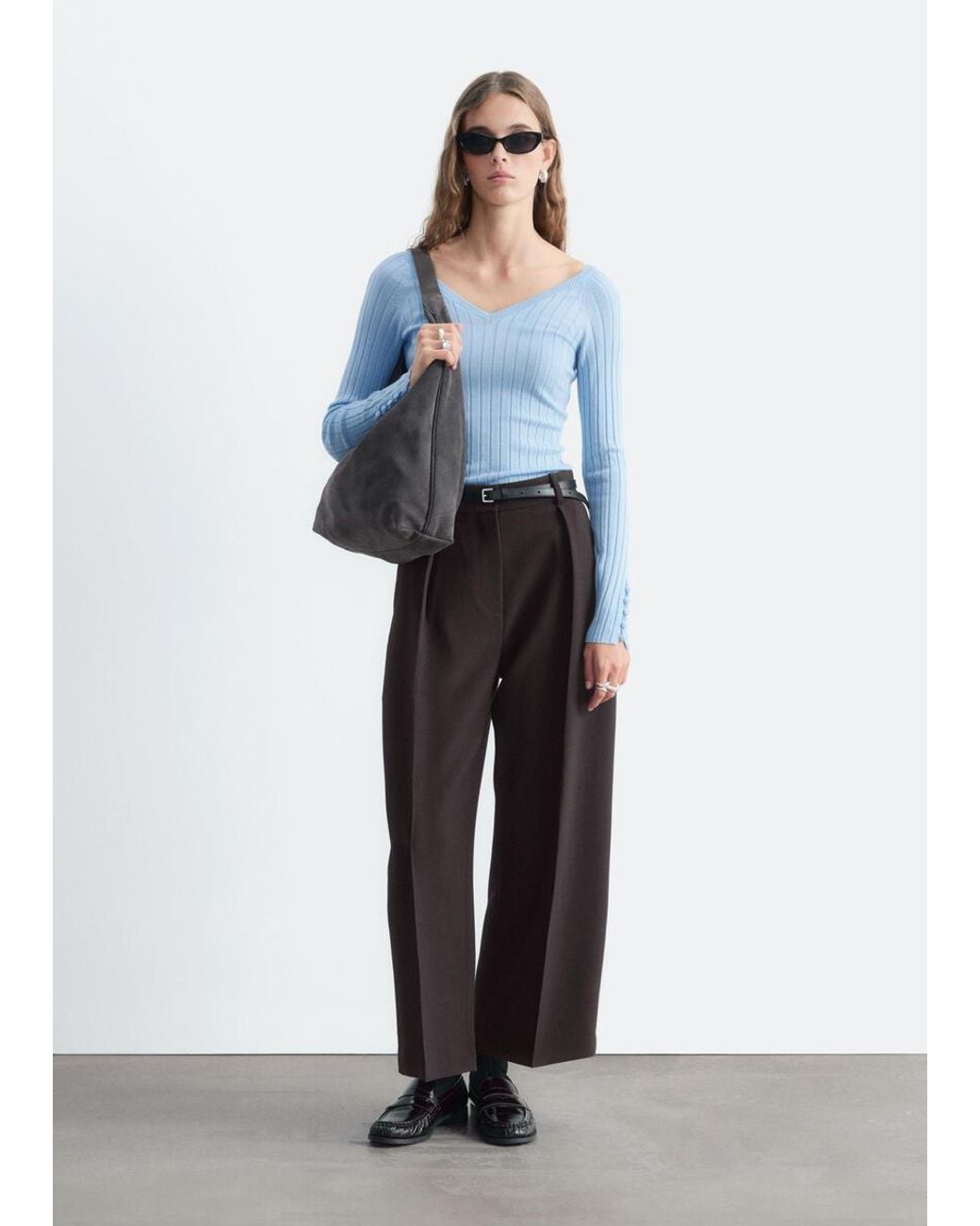 & Other Stories Blue Ribbed Wool V-Neck Top