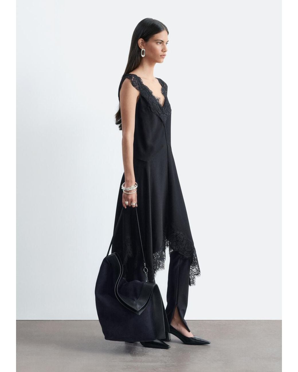 & Other Stories Black Lace-Trim Midi Dress