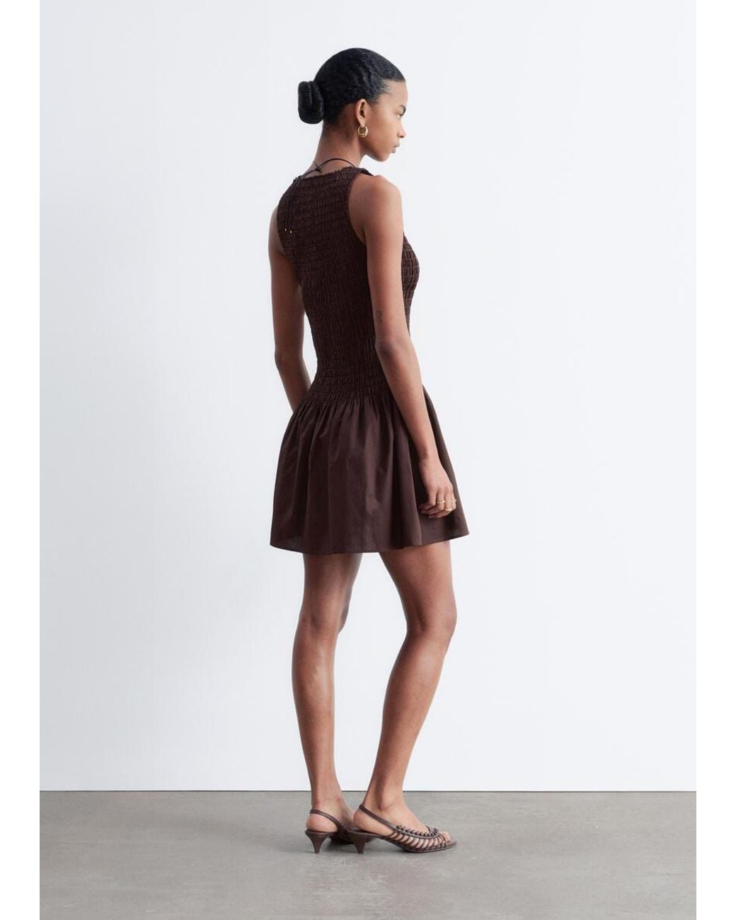 & Other Stories Brown Smocked Cotton Poplin Mini Dress