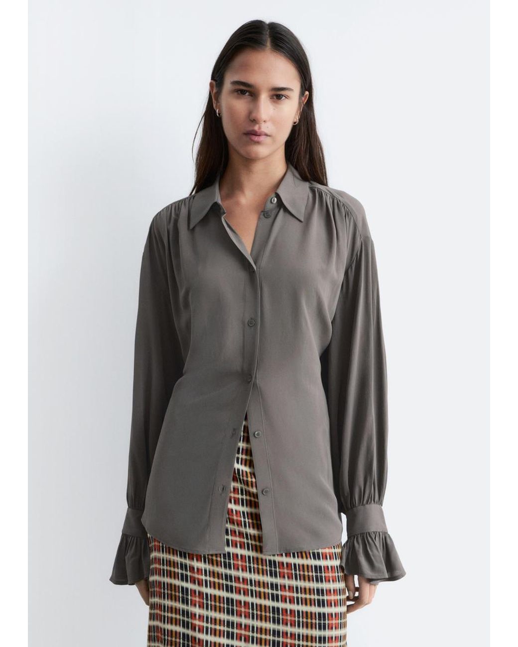 & Other Stories Gray Tie-Back Gathered Blouse