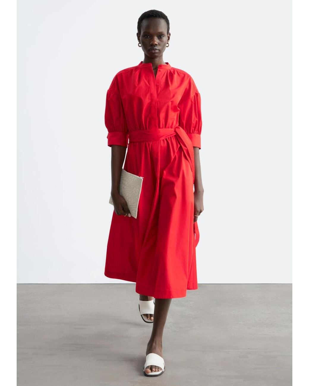 & Other Stories Red Belted Cotton Dress