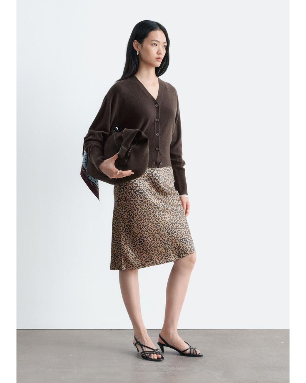 & Other Stories Brown Leopard Print Satin Skirt