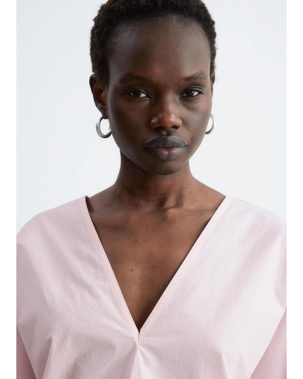 & Other Stories Pink Sculptural Cotton V-Neck Blouse