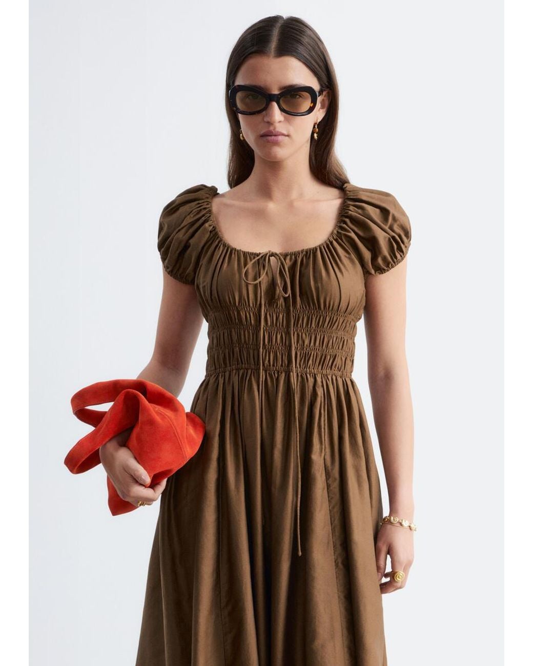 & Other Stories Brown Cotton Smocked Midi Dress