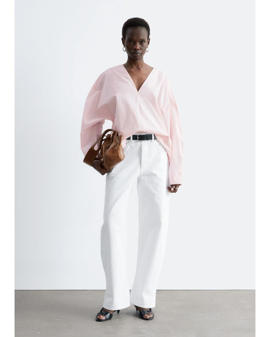 & Other Stories Pink Sculptural Cotton V-Neck Blouse