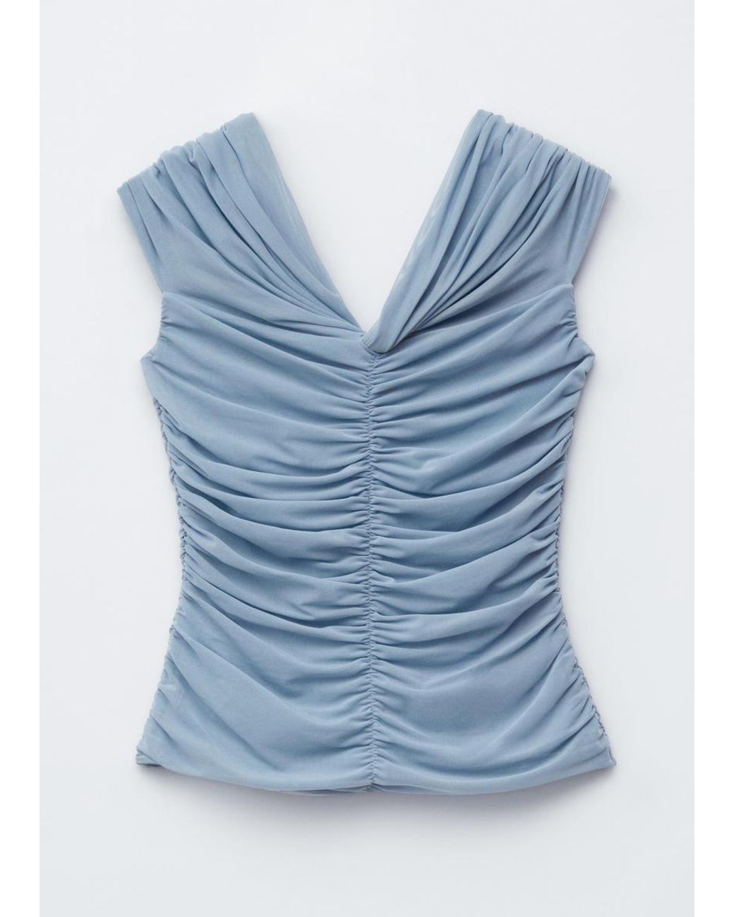 & Other Stories Blue Ruched V-Neck Mesh Top