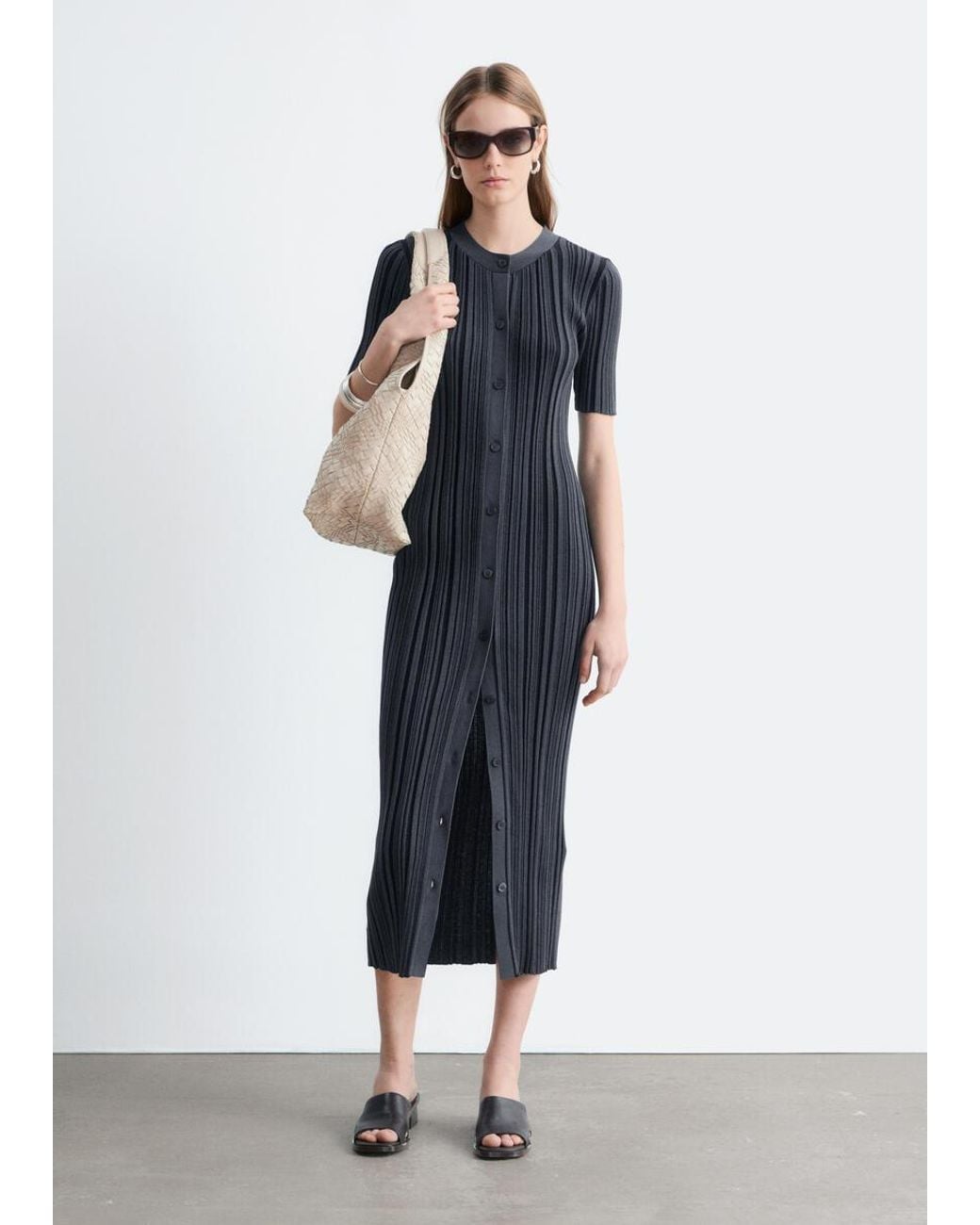 & Other Stories Blue Rib-Knit Midi Dress
