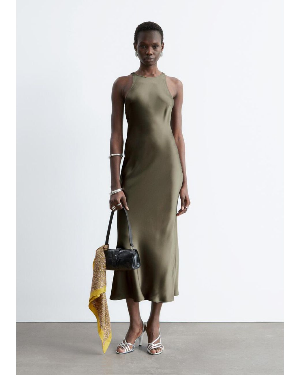 & Other Stories Green Sleeveless Satin Midi Dress