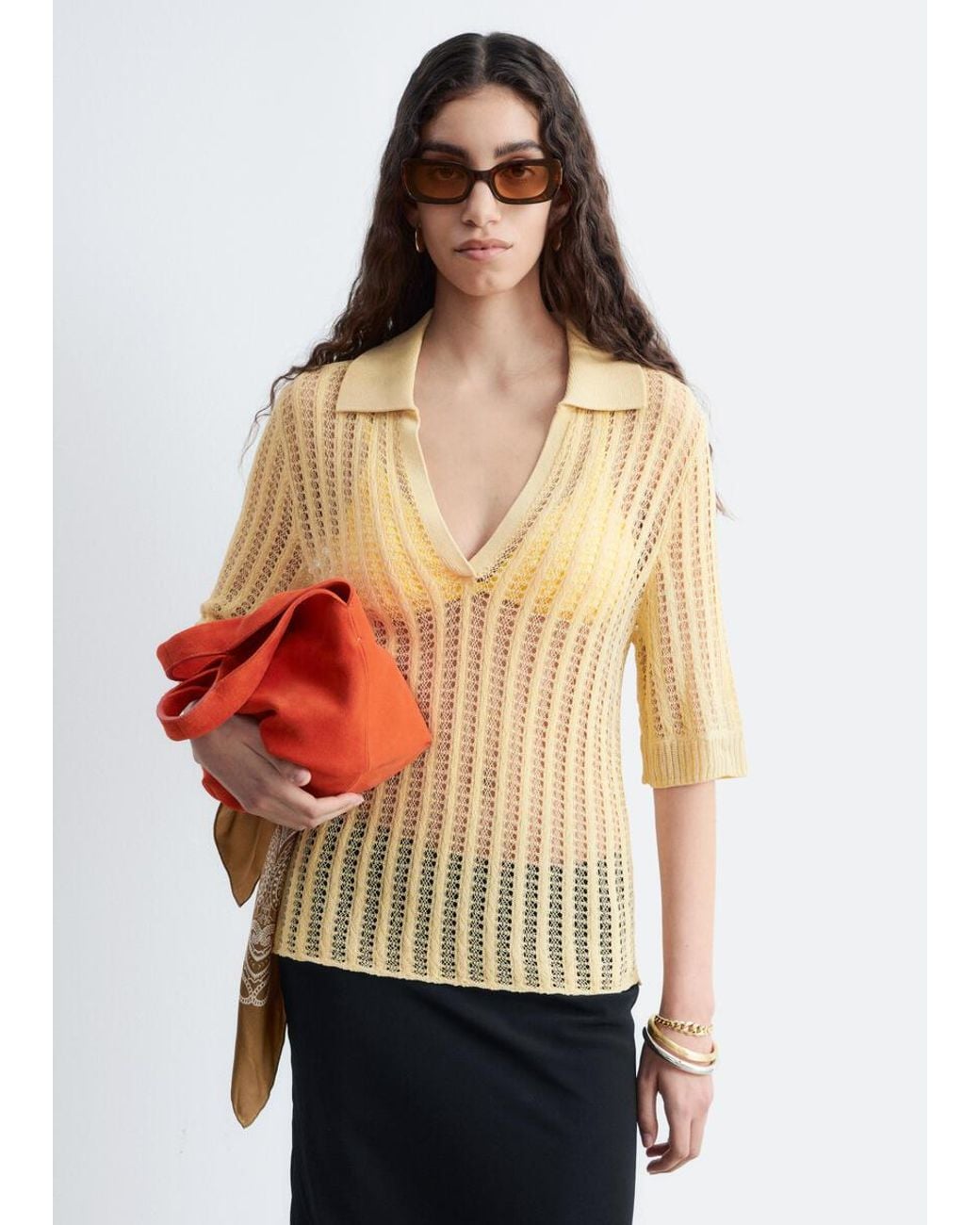 & Other Stories Yellow Open-Knit Polo Top