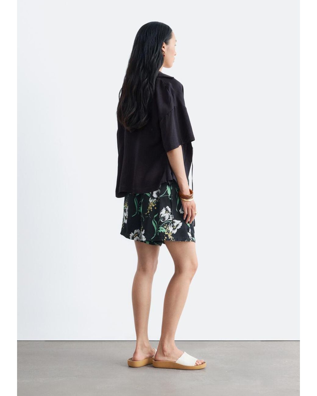 & Other Stories Black Floral Drawstring Shorts